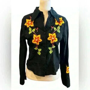 Razzle Dazzle Shirt Long Sleeve Floral Embroidered Button Up Black Womens Medium